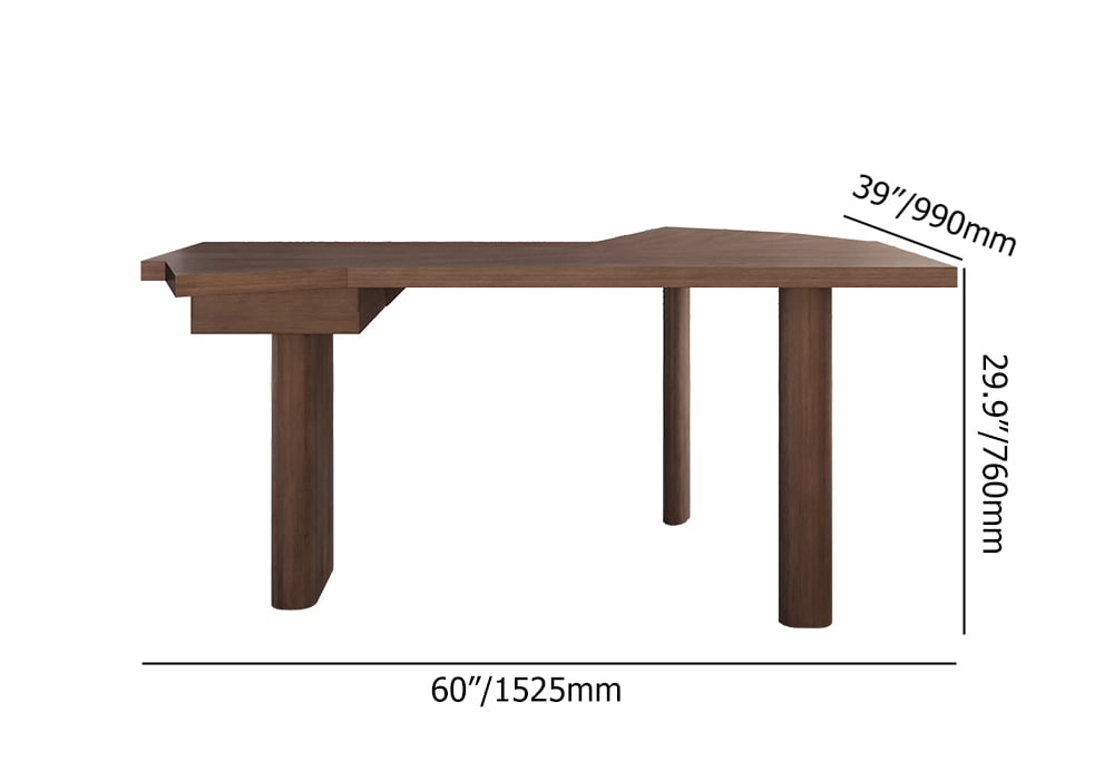 HMR - 60" Japandi Walnut L-Shape Writing Desk with 1 Drawer Wood Corner Desk Irregular Top