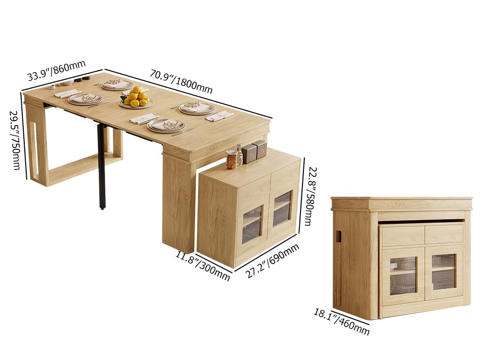 HMR 70.9" Rectangle Folding Wood Dining Table with Sideboard (Seats 2-4 People) - Natural