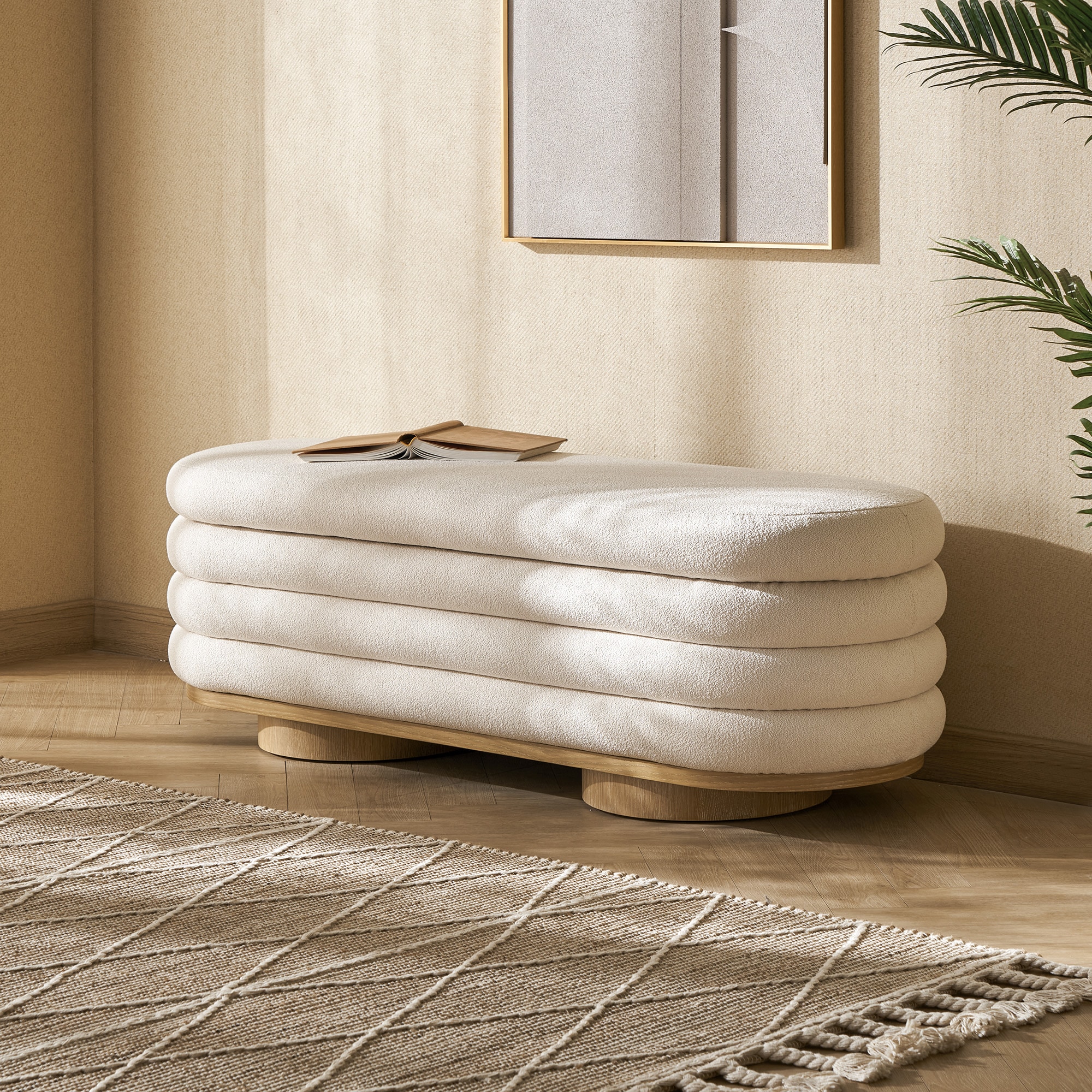 HMR - 53"W Modern White Bedroom Storage Bench Boucle Upholstery with Wood Legs