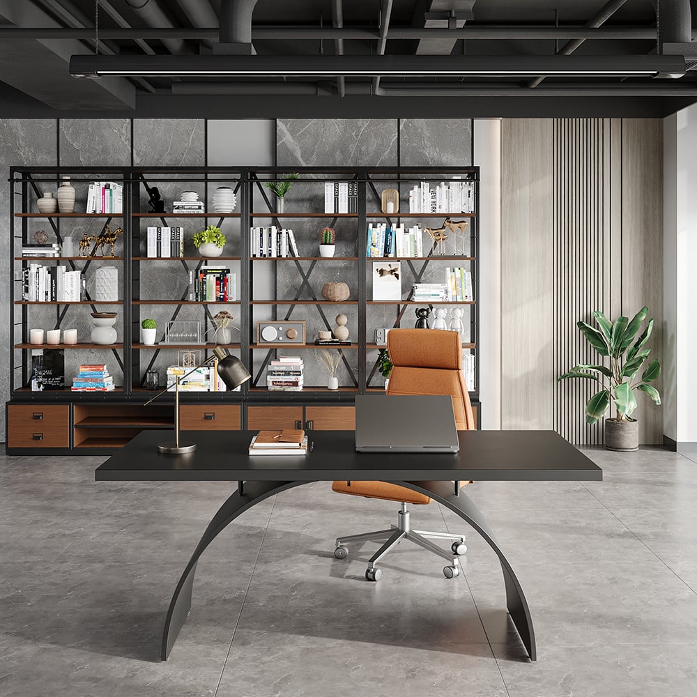 HMR Modern Industrial Rectangular Wood Metal Base Office Desk - Black, 70.9"