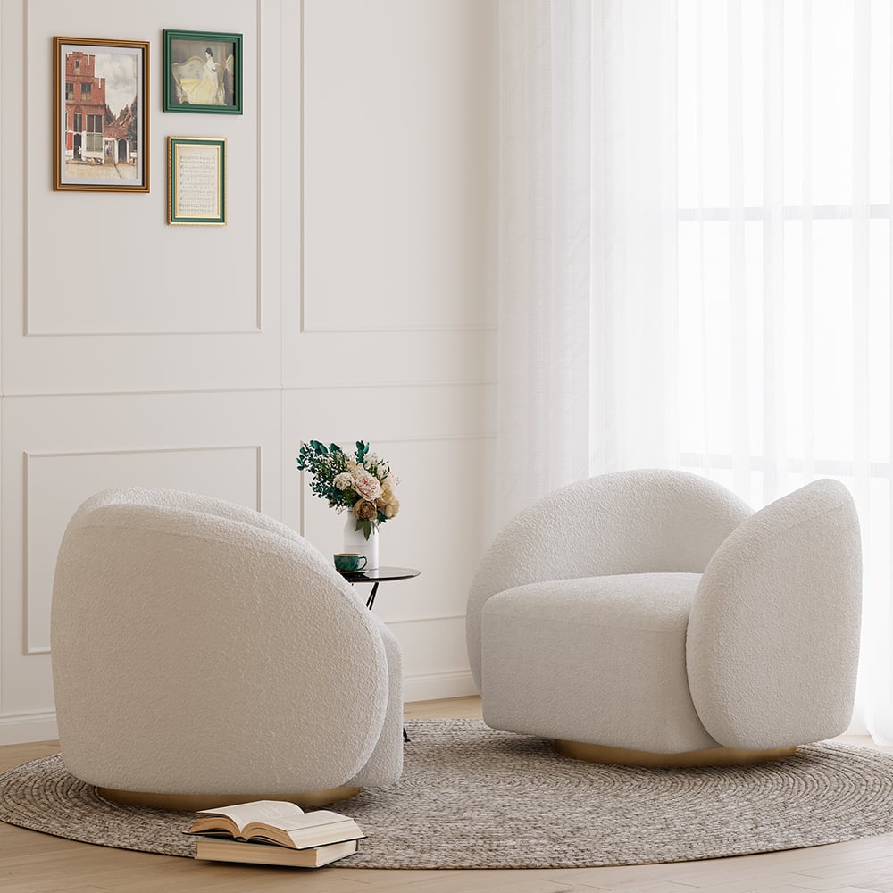 HMR - Modern White Swivel Accent Chair Cloud Boucle Lounge Chair
