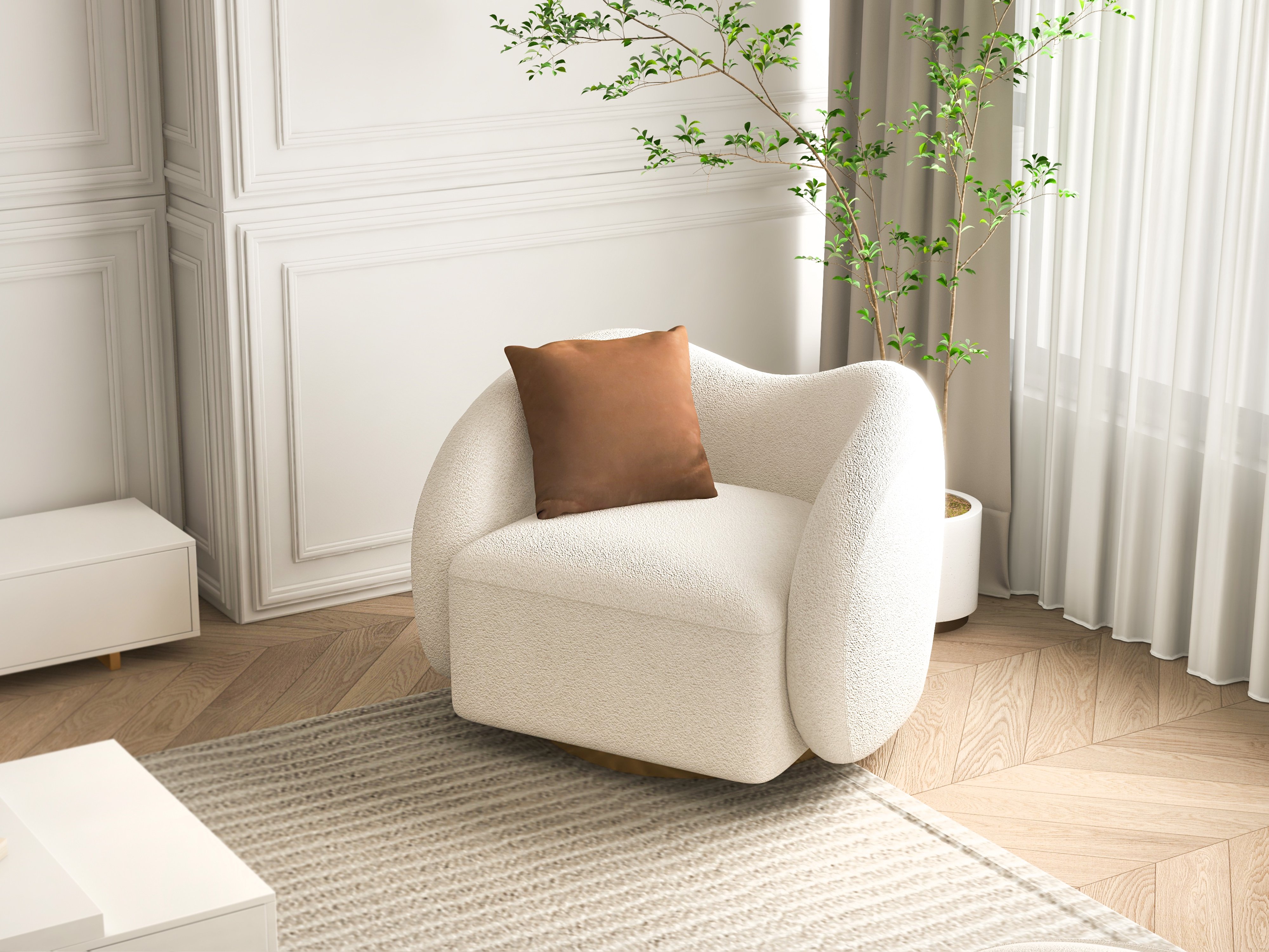 HMR - Modern White Swivel Accent Chair Cloud Boucle Lounge Chair