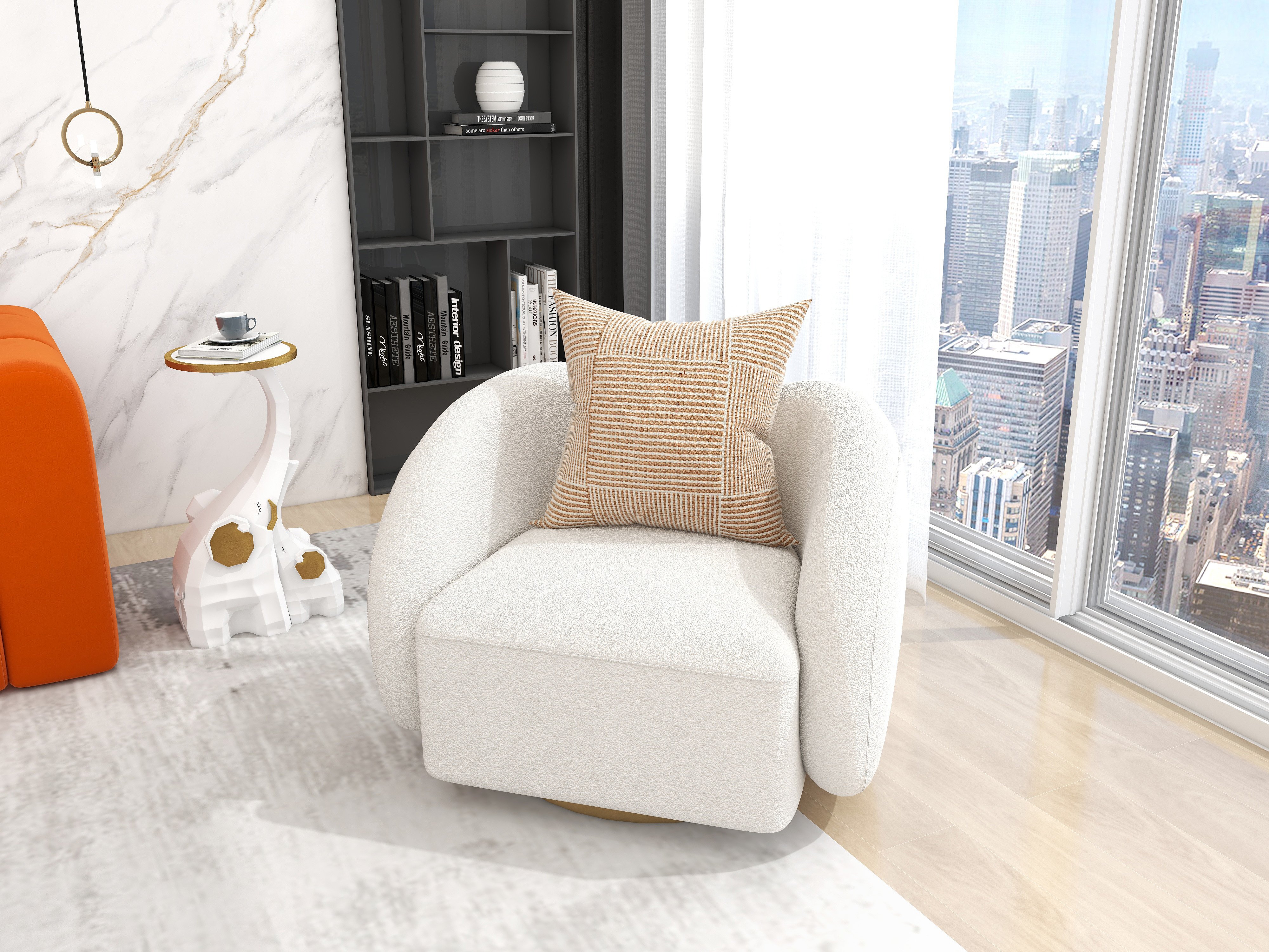 HMR - Modern White Swivel Accent Chair Cloud Boucle Lounge Chair