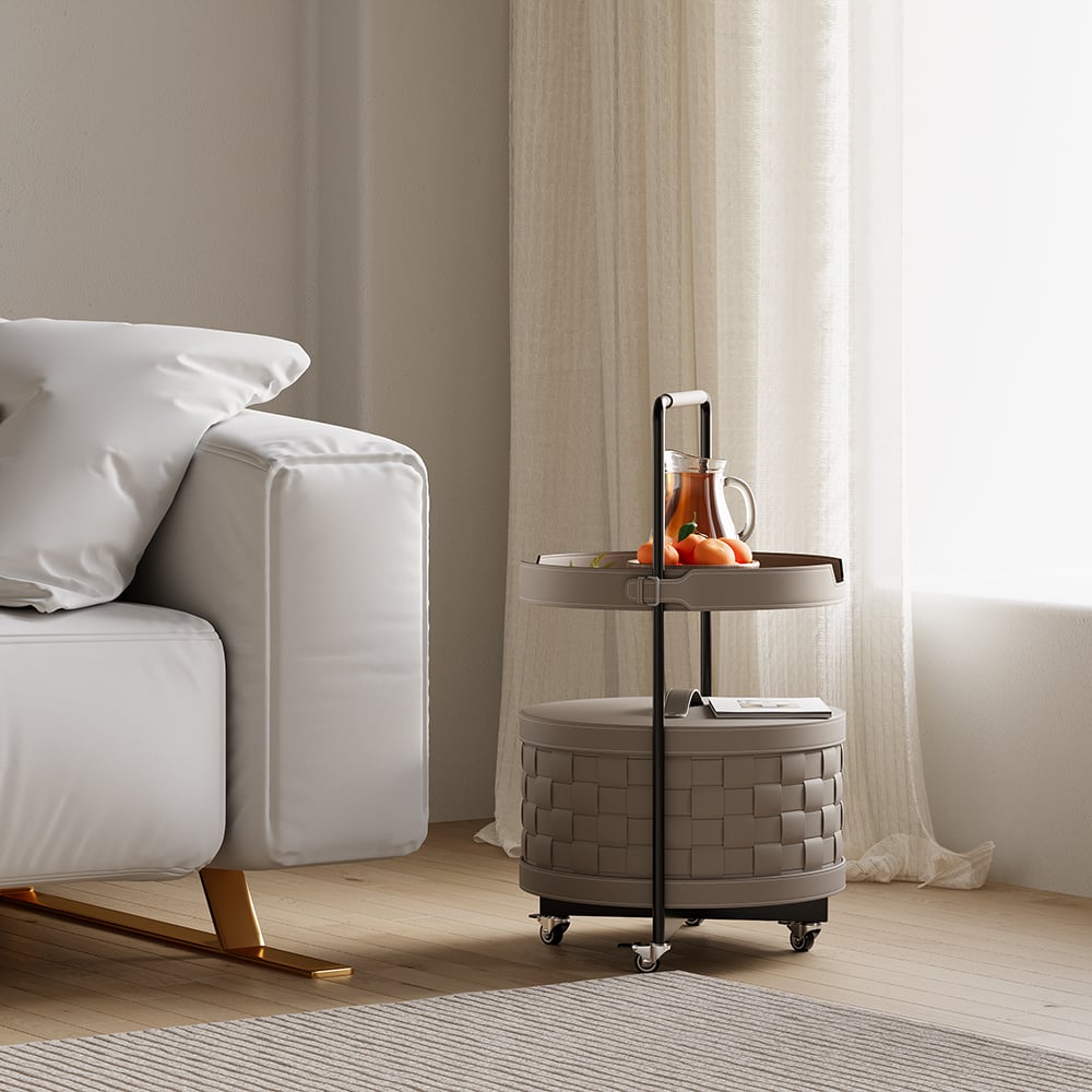 HMR - Modern 2-Tier End Table with Wheel & Tray Top Woven Leather Side Table with Storage
