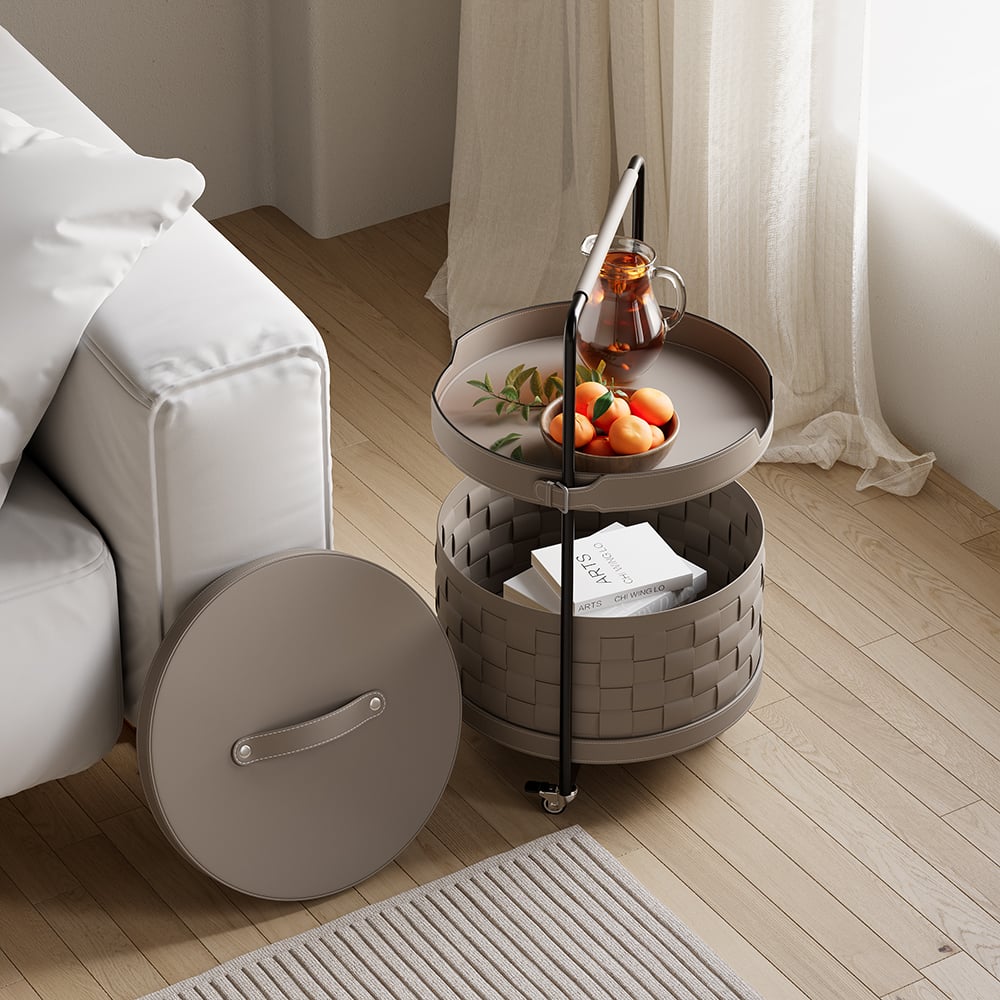 HMR - Modern 2-Tier End Table with Wheel & Tray Top Woven Leather Side Table with Storage
