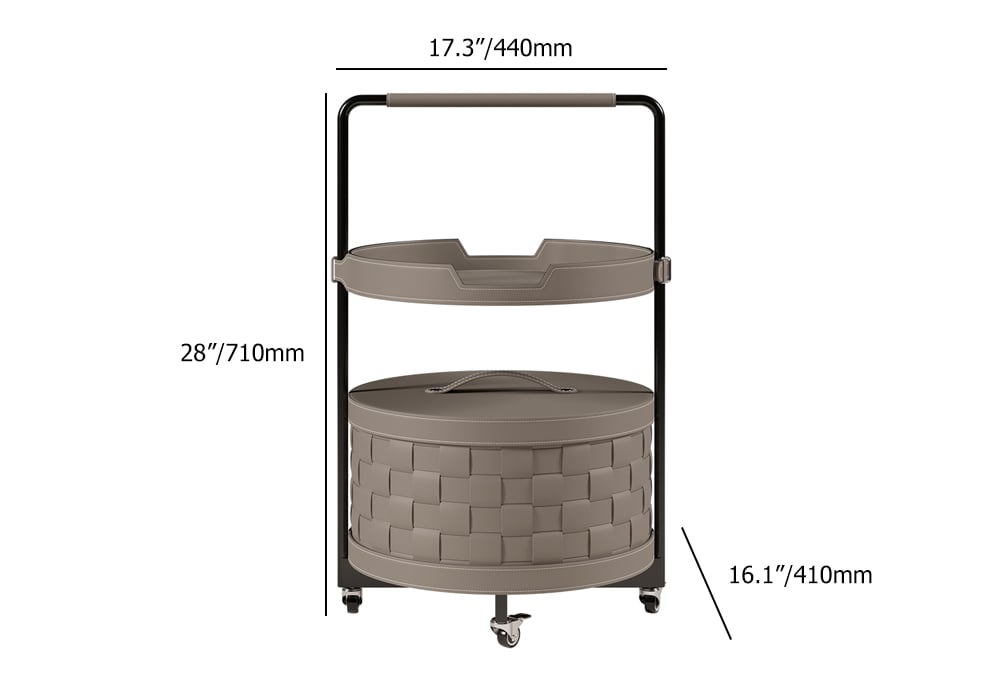 HMR - Modern 2-Tier End Table with Wheel & Tray Top Woven Leather Side Table with Storage