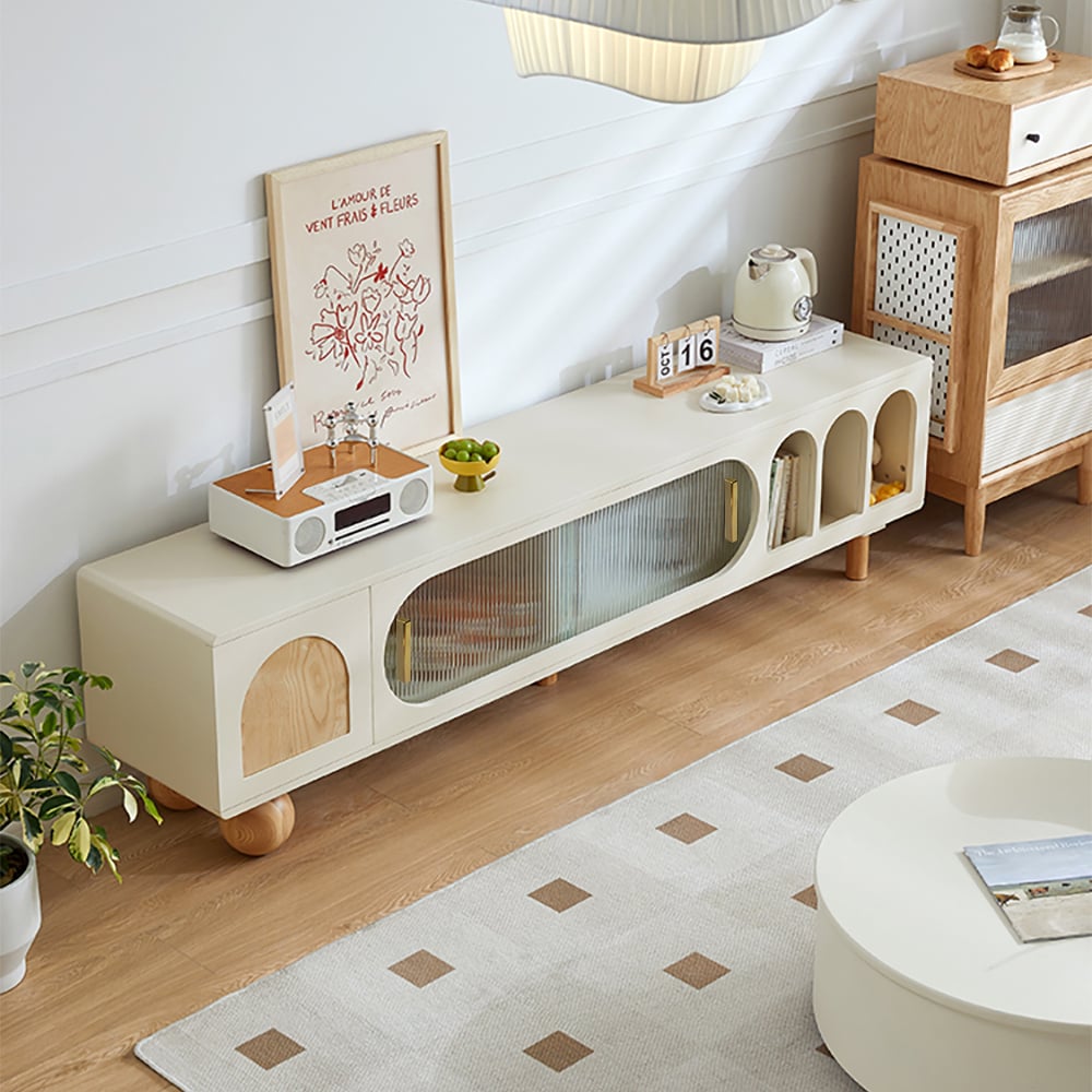 HMR - 82.7" Wood Off White Sliding Glass Door TV Stand with Arch Bookshelf & Natural Storage