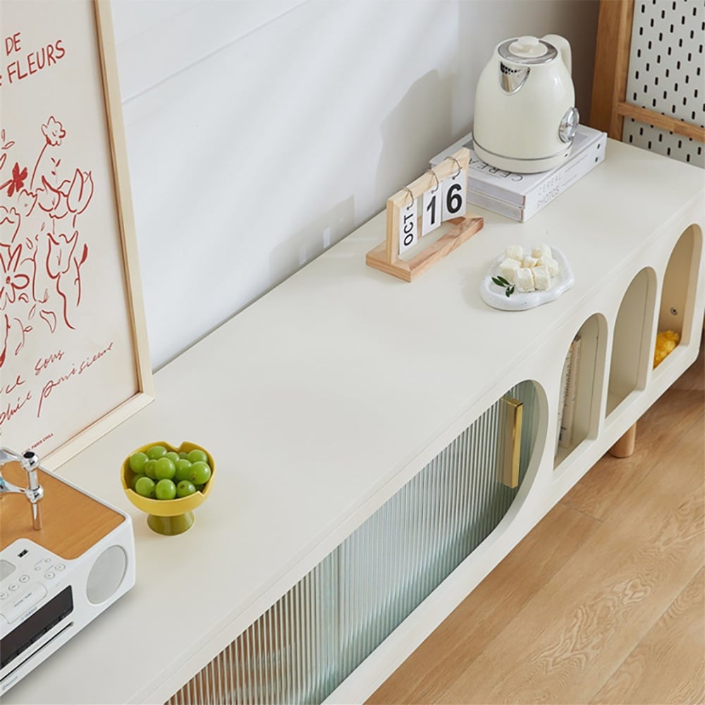 HMR - 82.7" Wood Off White Sliding Glass Door TV Stand with Arch Bookshelf & Natural Storage