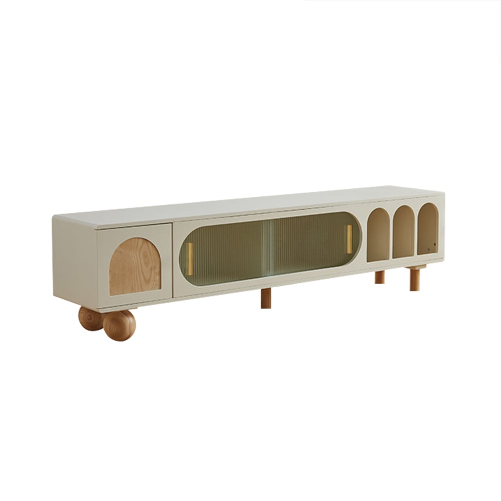 HMR - 82.7" Wood Off White Sliding Glass Door TV Stand with Arch Bookshelf & Natural Storage