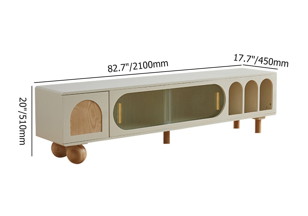 HMR - 82.7" Wood Off White Sliding Glass Door TV Stand with Arch Bookshelf & Natural Storage