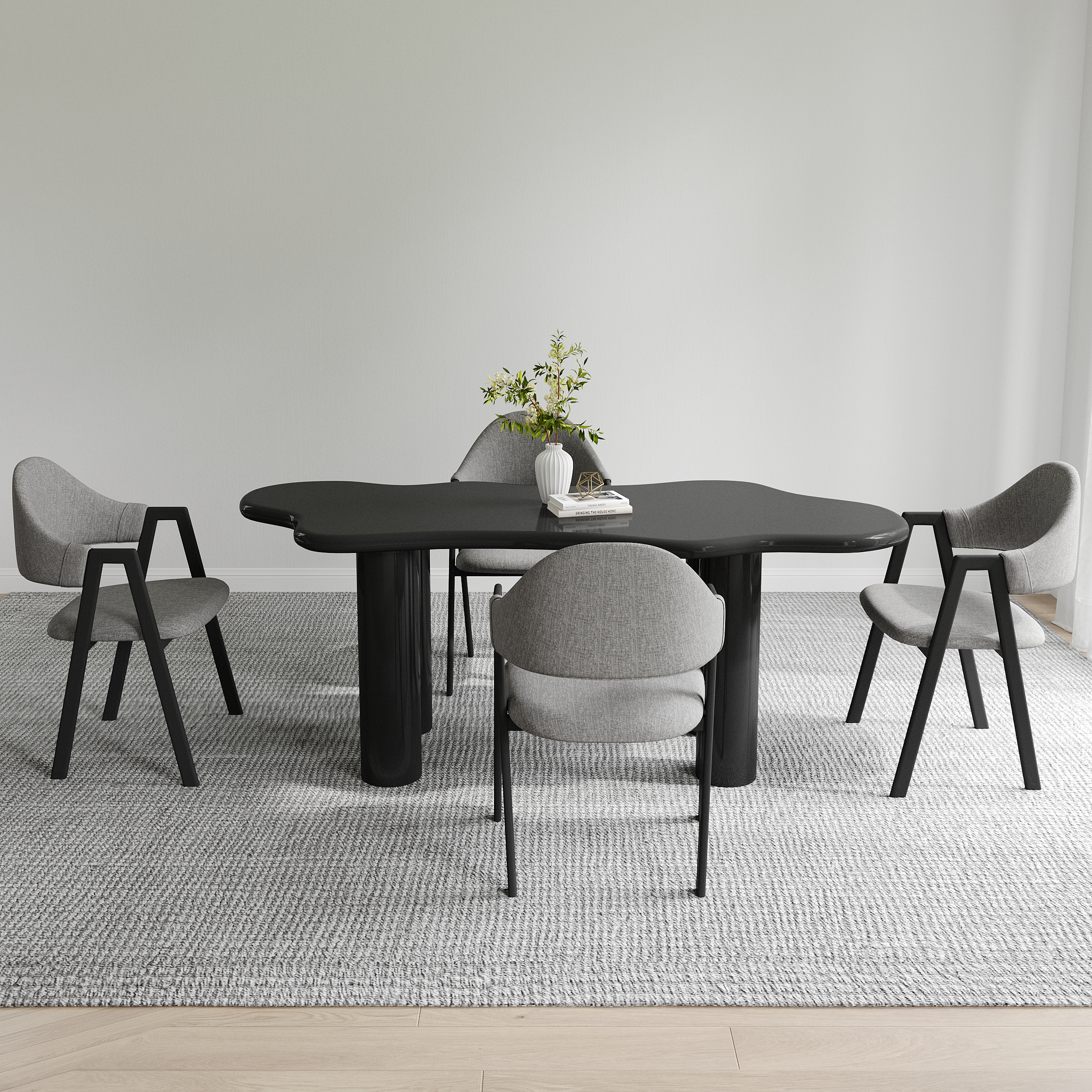 HMR Dining Set 70.9" Japandi Irregular Wood Dining Table Black with 4 Chairs - Black, Style C, With 4 Chairs