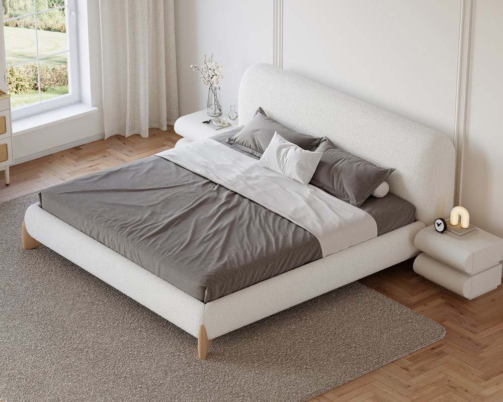 HMR Curva Boucle King Upholstered Platform Bed with Natural Legs - White, 76"W x 80"L, Natural