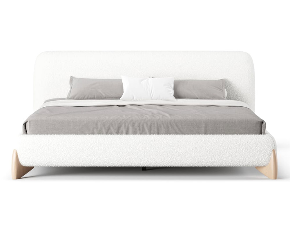 HMR Curva Boucle King Upholstered Platform Bed with Natural Legs - White, 76"W x 80"L, Natural