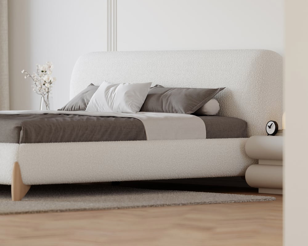 HMR Curva Boucle King Upholstered Platform Bed with Natural Legs - White, 76"W x 80"L, Natural