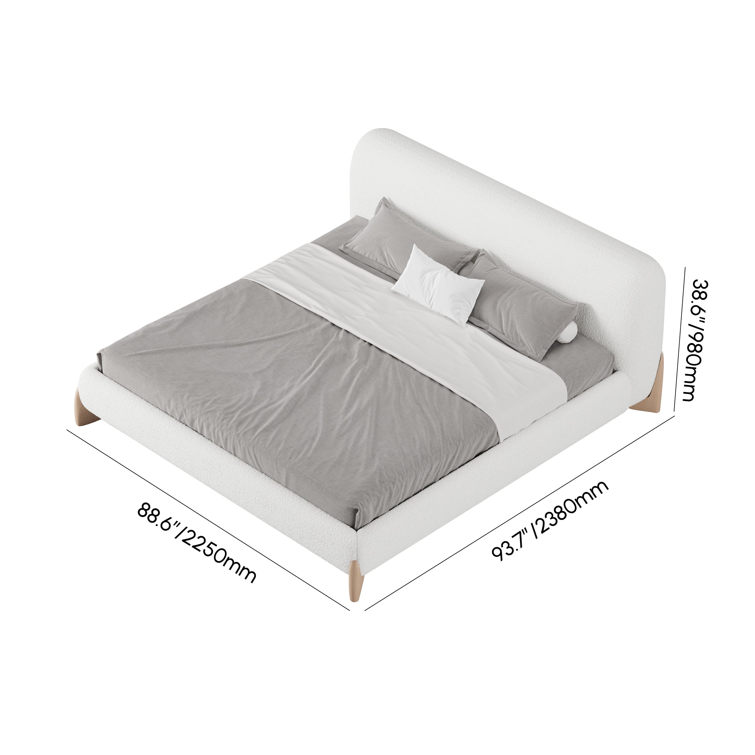 HMR Curva Boucle King Upholstered Platform Bed with Natural Legs - White, 76"W x 80"L, Natural