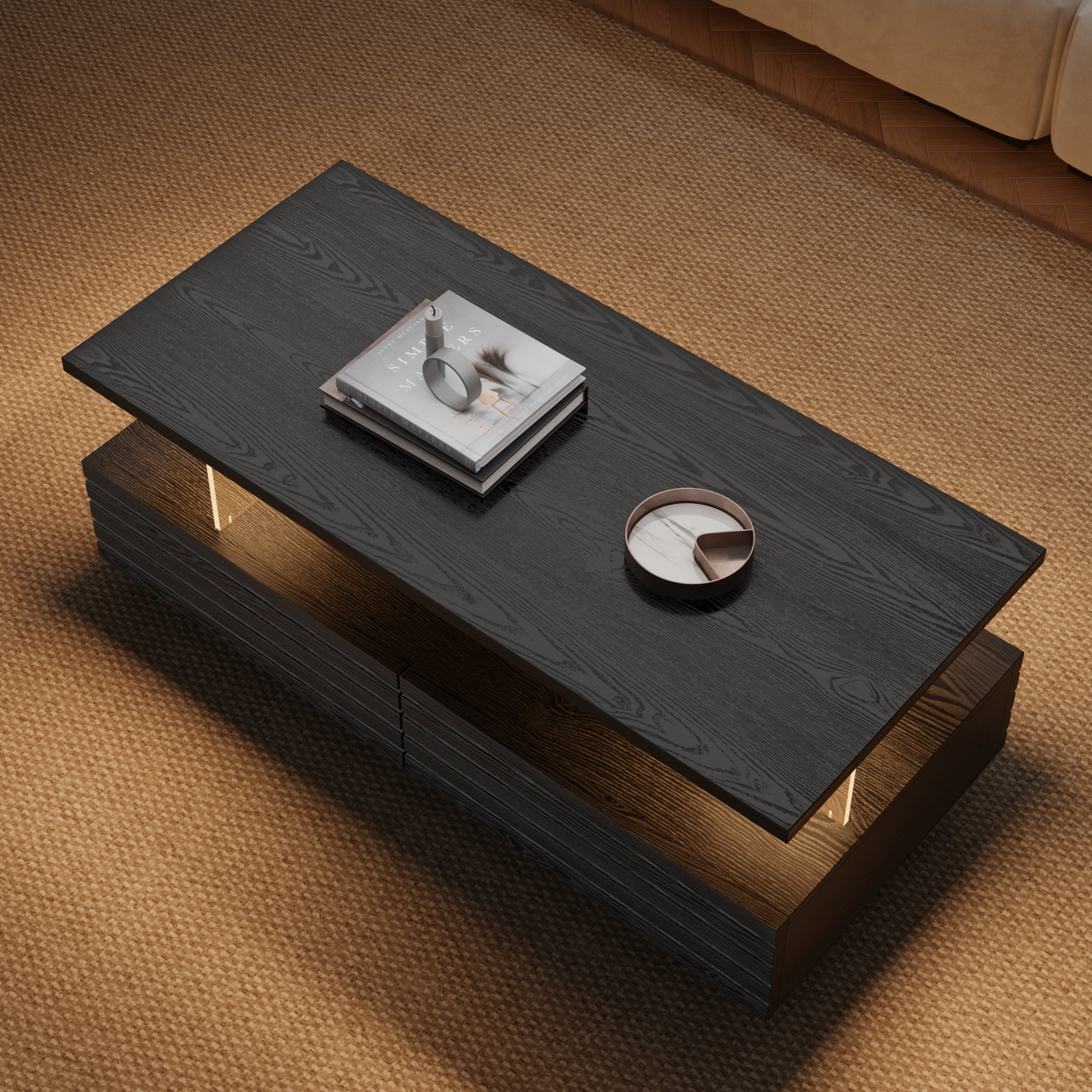 HMR - Lumoe 47" Modern Black Rectangular Acrylic LED Lights Coffee Table with Storage