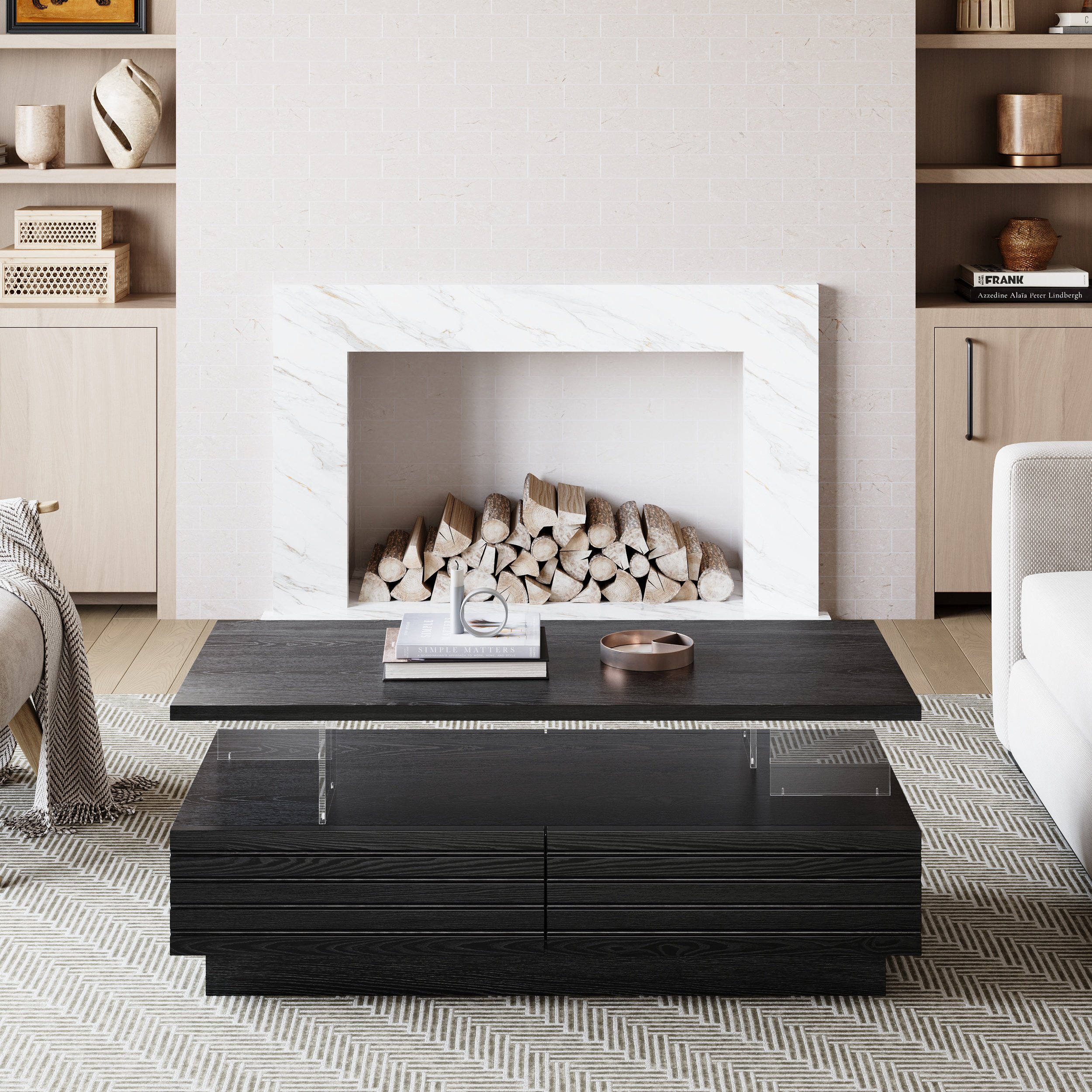 HMR - Lumoe 47" Modern Black Rectangular Acrylic LED Lights Coffee Table with Storage