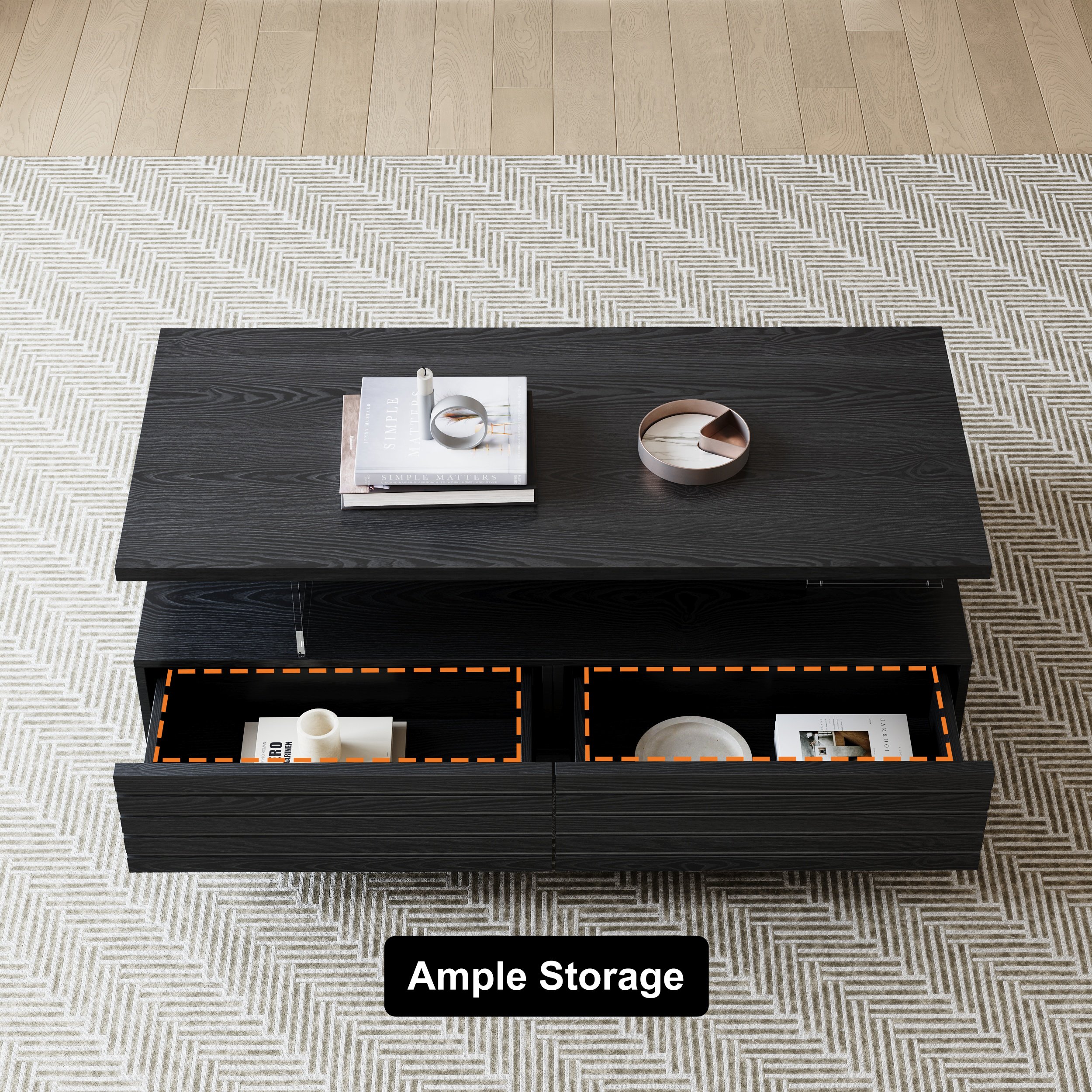 HMR - Lumoe 47" Modern Black Rectangular Acrylic LED Lights Coffee Table with Storage
