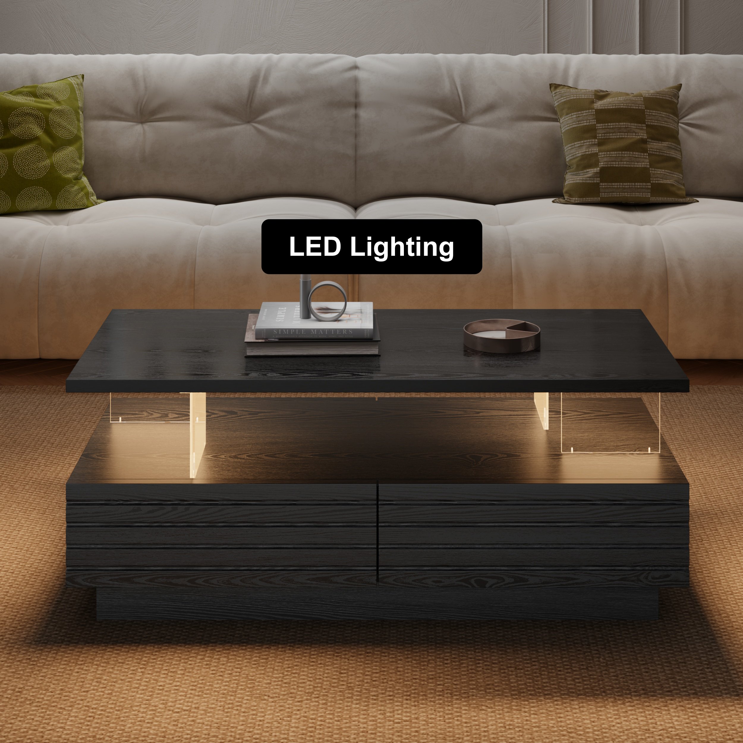 HMR - Lumoe 47" Modern Black Rectangular Acrylic LED Lights Coffee Table with Storage