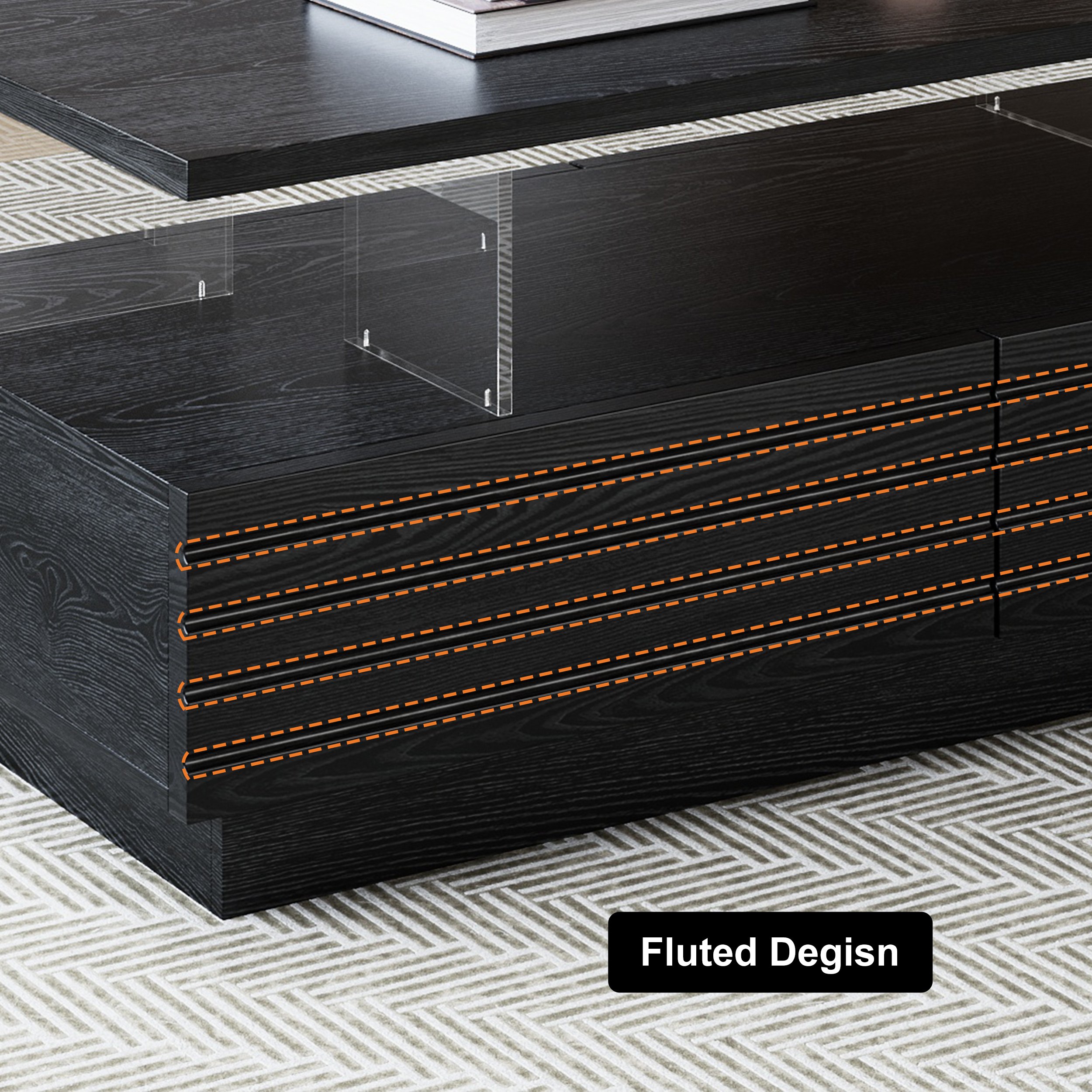 HMR - Lumoe 47" Modern Black Rectangular Acrylic LED Lights Coffee Table with Storage