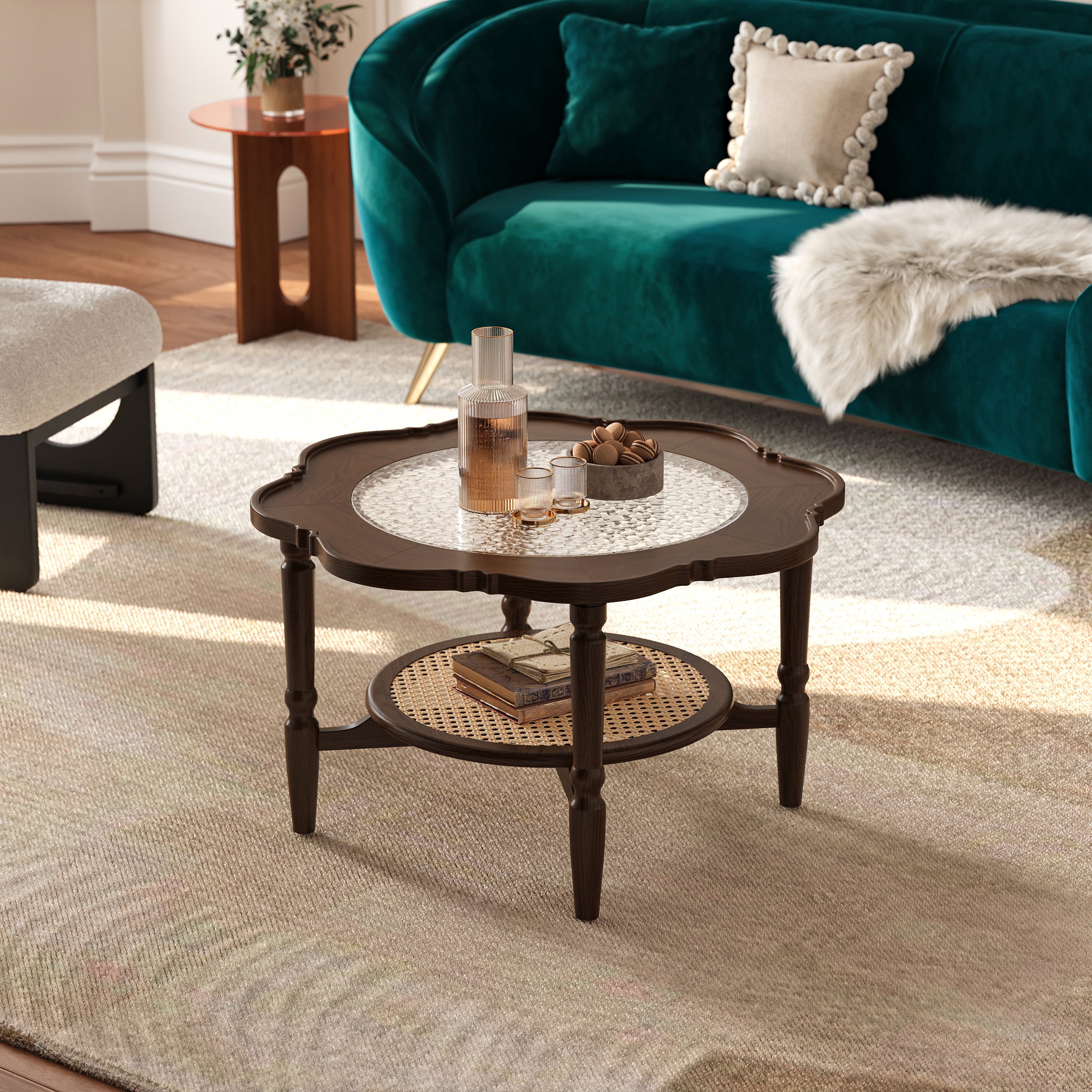 HMR - 31.5" Walnut Glass Top Wood Rattan 2-Tiered Coffee Table