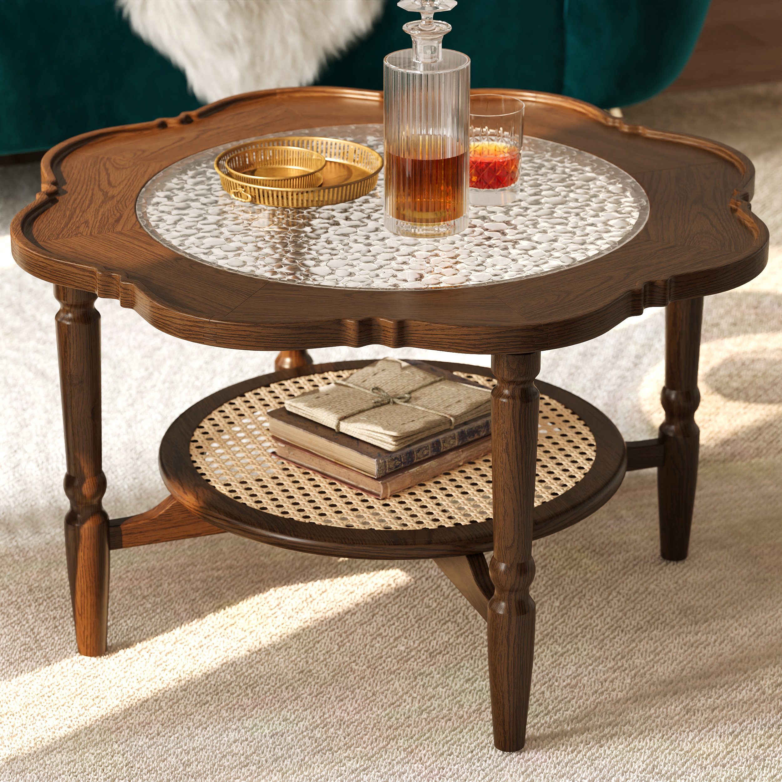 HMR - 31.5" Walnut Glass Top Wood Rattan 2-Tiered Coffee Table
