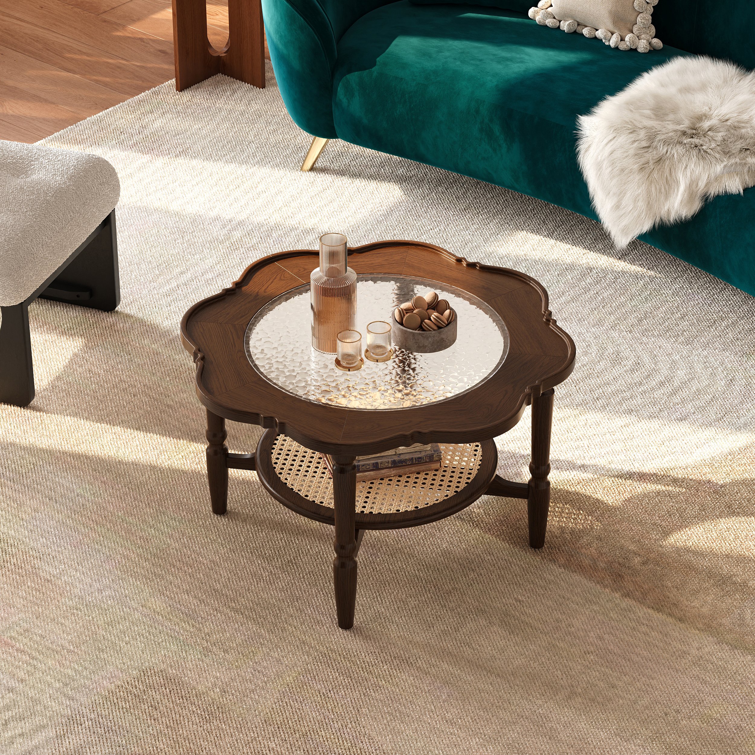 HMR - 31.5" Walnut Glass Top Wood Rattan 2-Tiered Coffee Table