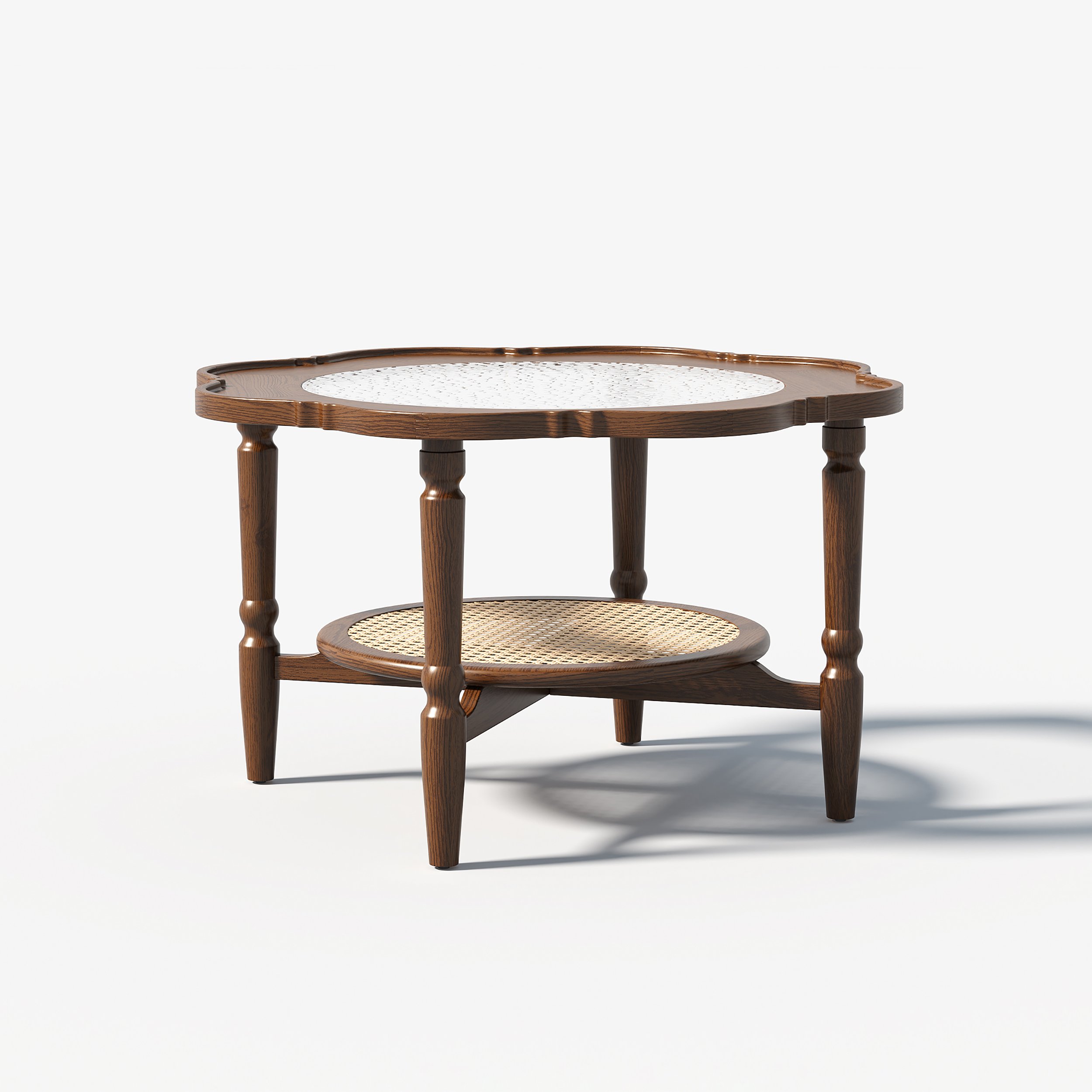 HMR - 31.5" Walnut Glass Top Wood Rattan 2-Tiered Coffee Table
