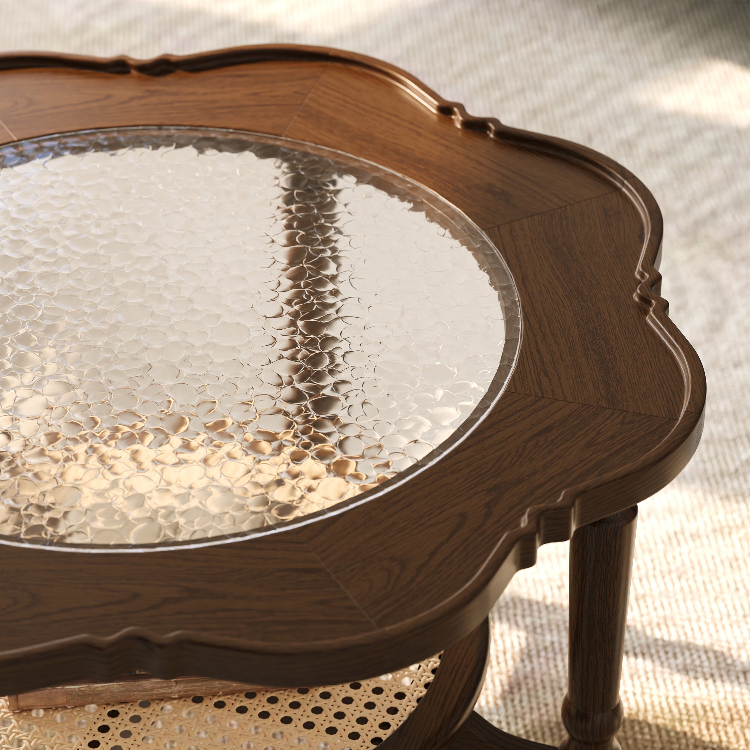 HMR - 31.5" Walnut Glass Top Wood Rattan 2-Tiered Coffee Table