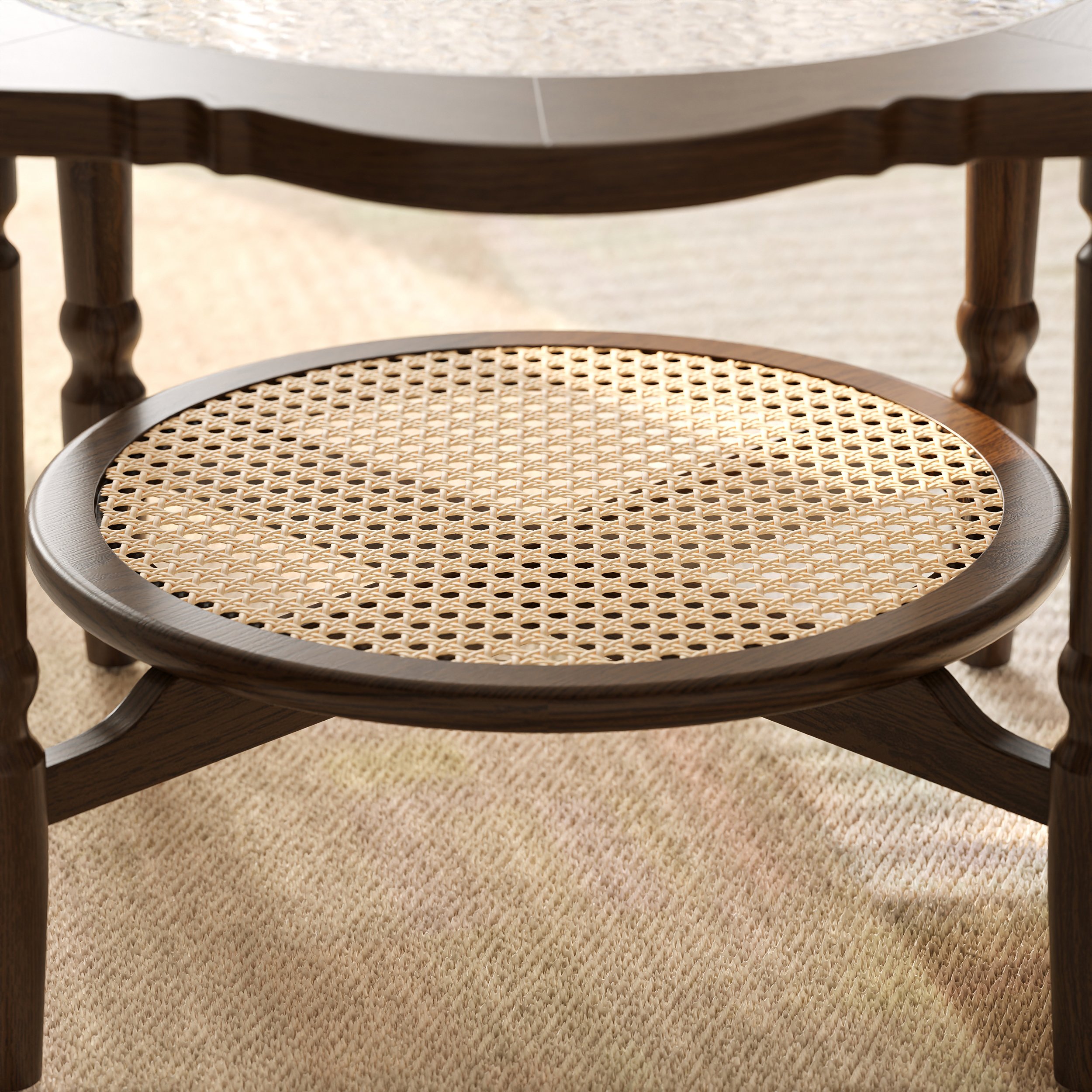 HMR - 31.5" Walnut Glass Top Wood Rattan 2-Tiered Coffee Table