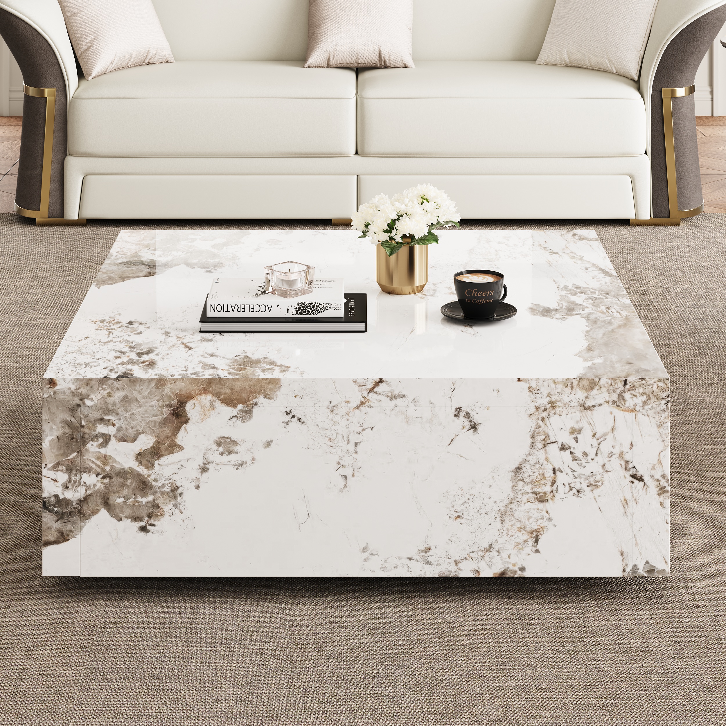 HMR - 39" Square Sintered Stone Block Coffee Table With Storage