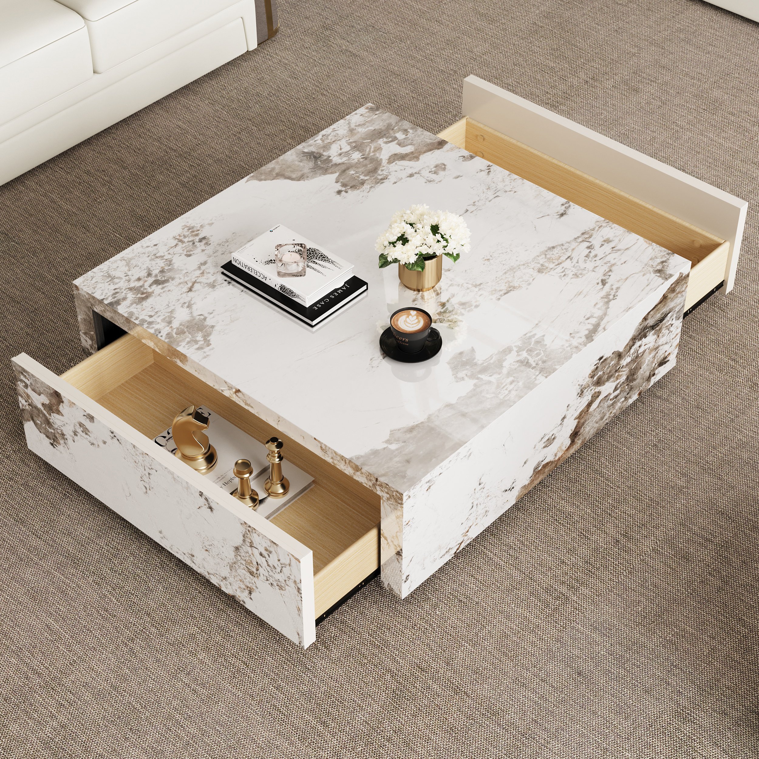 HMR - 39" Square Sintered Stone Block Coffee Table With Storage