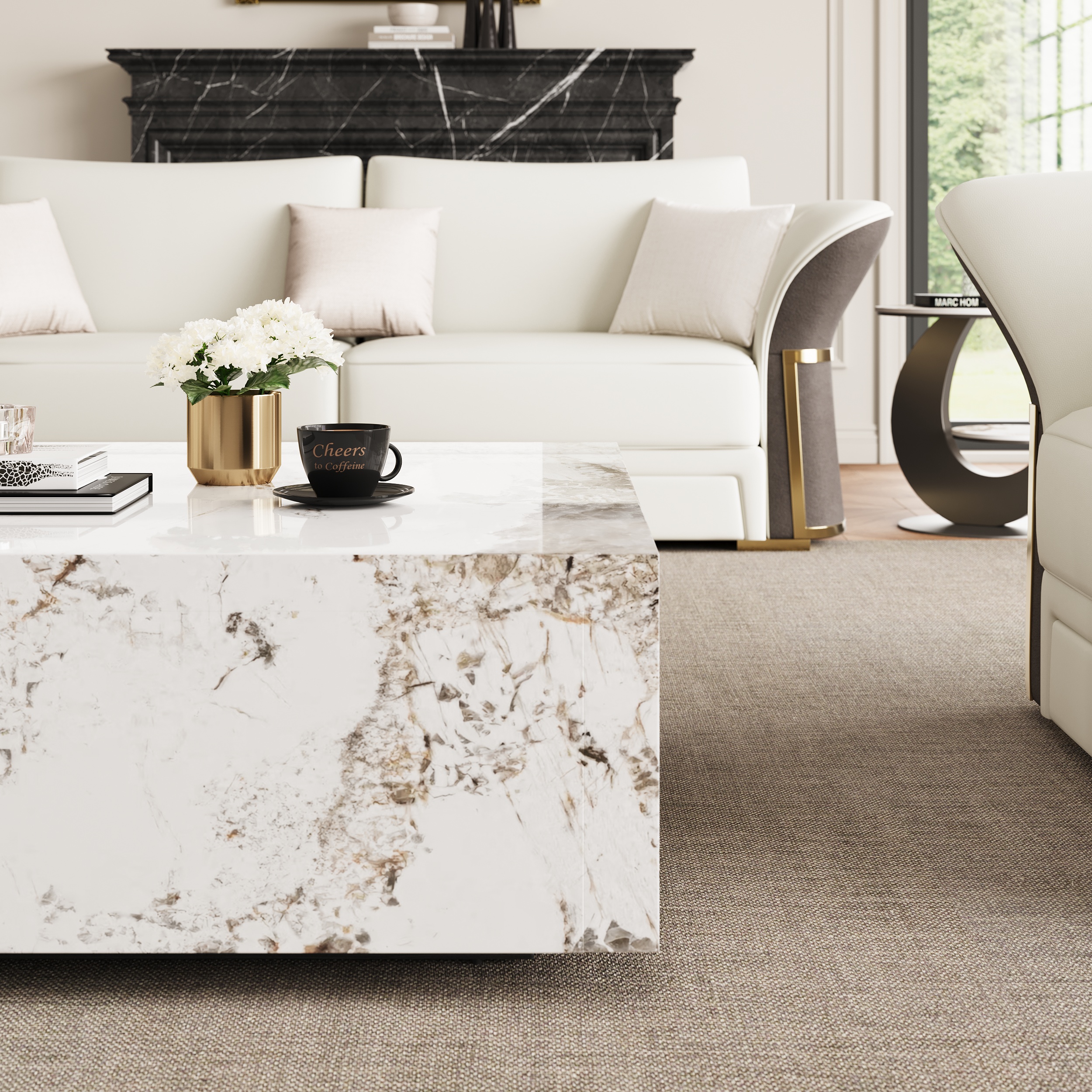 HMR - 39" Square Sintered Stone Block Coffee Table With Storage