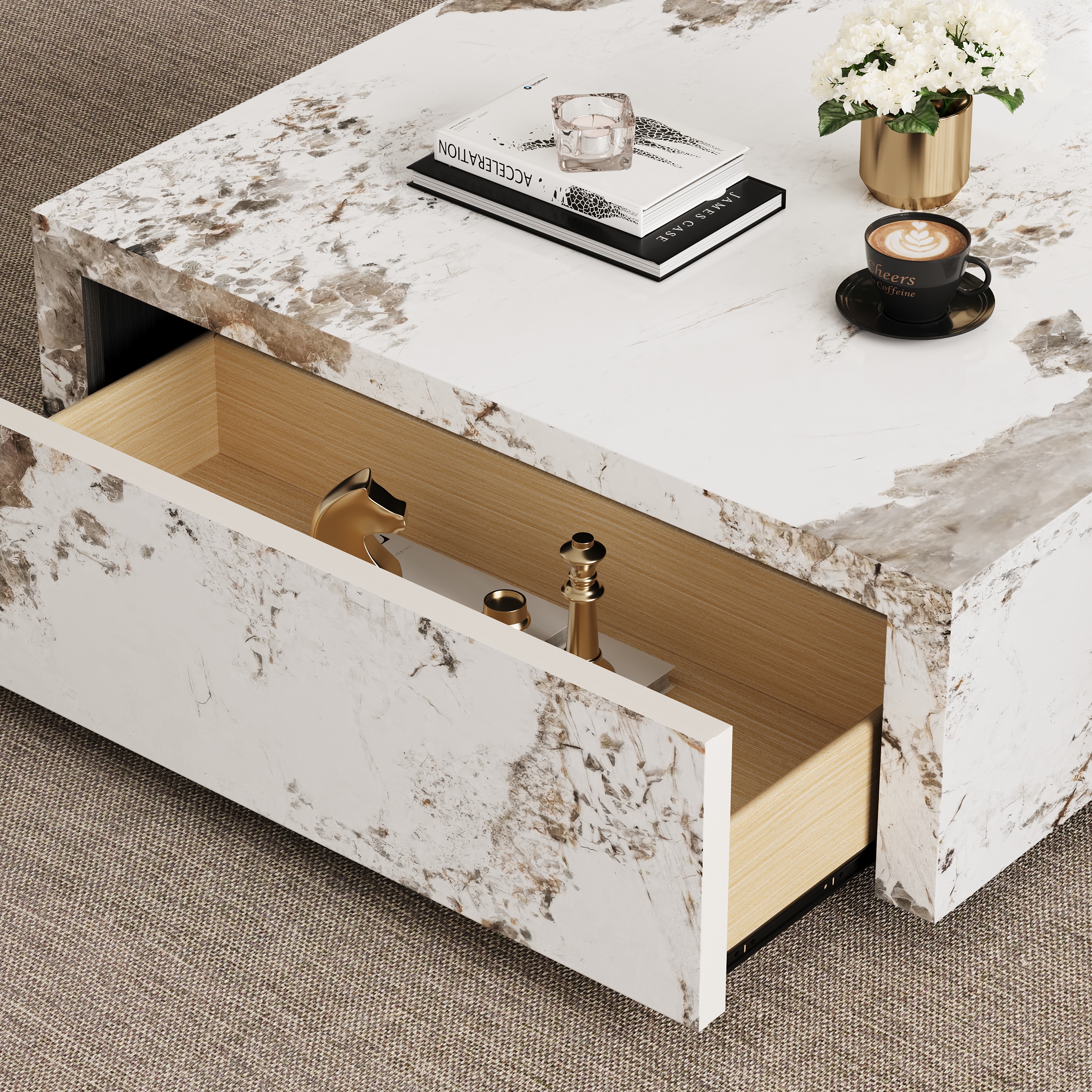 HMR - 39" Square Sintered Stone Block Coffee Table With Storage