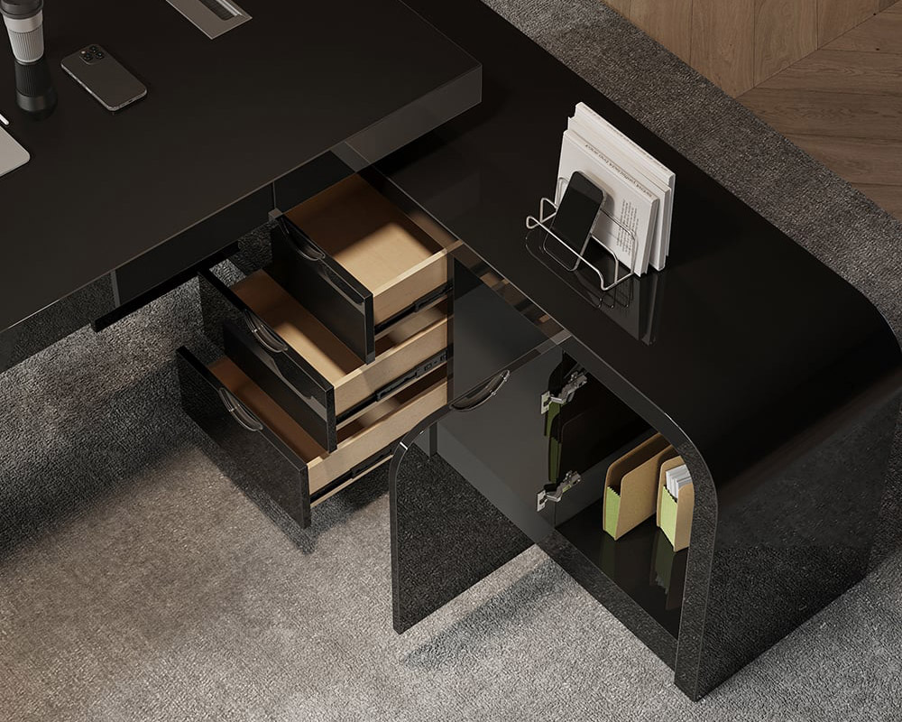HMR Chicent L-shaped Modern Executive Desk with Ample Storage - Black, 70.9"L x 63.0"W x 29.9"H, Right Hand