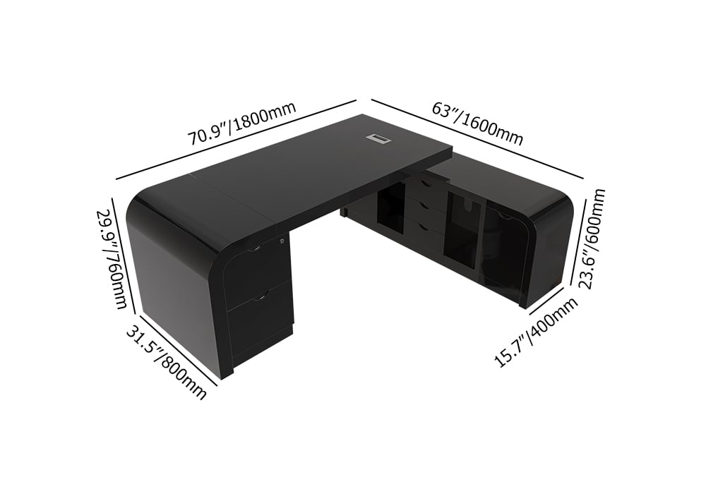 HMR Chicent L-shaped Modern Executive Desk with Ample Storage - Black, 70.9"L x 63.0"W x 29.9"H, Right Hand