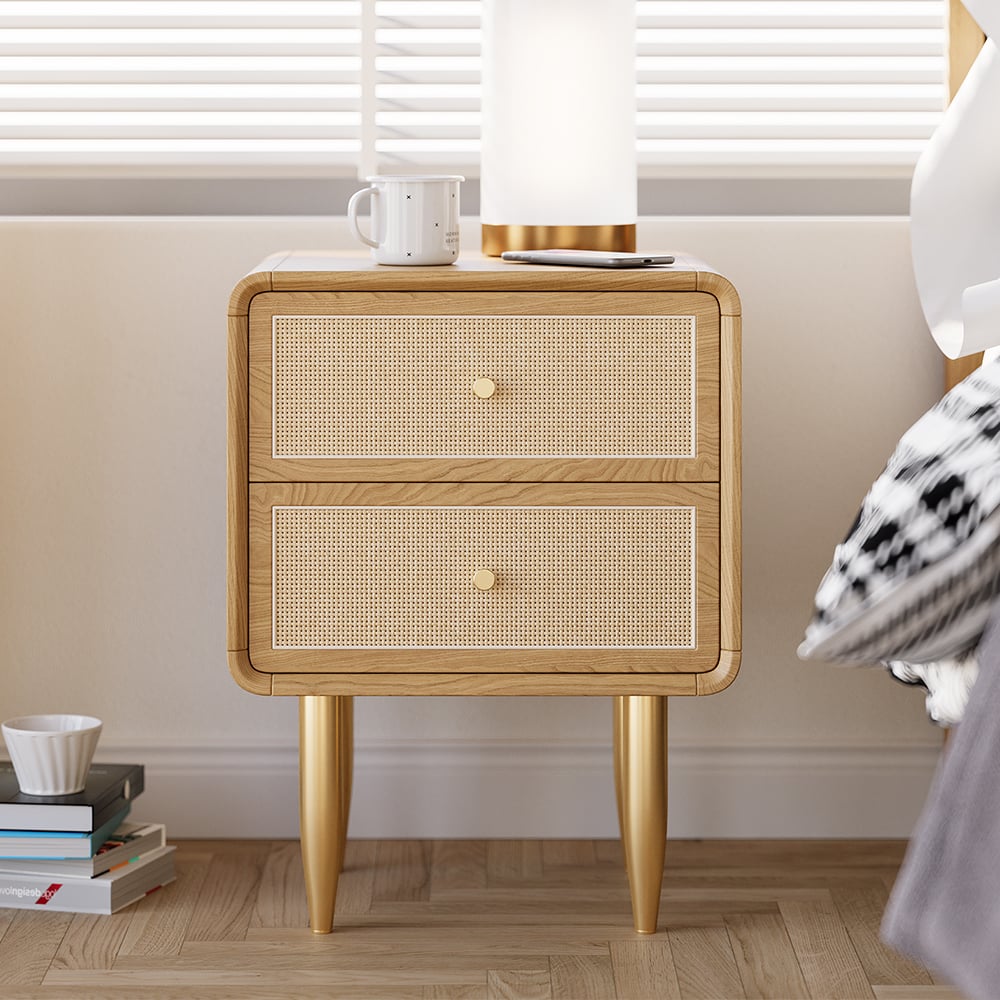 HMR - Tural Mid Century Modern Nightstand Ash Wood & Rattan Natural 2 Drawer Bedside Table