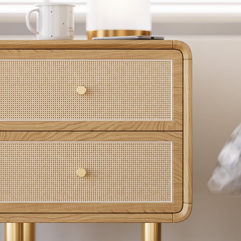 HMR - Tural Mid Century Modern Nightstand Ash Wood & Rattan Natural 2 Drawer Bedside Table