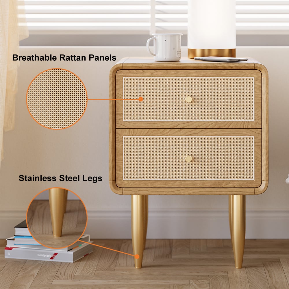 HMR - Tural Mid Century Modern Nightstand Ash Wood & Rattan Natural 2 Drawer Bedside Table
