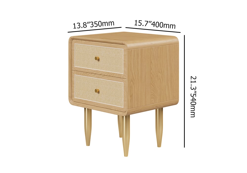 HMR - Tural Mid Century Modern Nightstand Ash Wood & Rattan Natural 2 Drawer Bedside Table