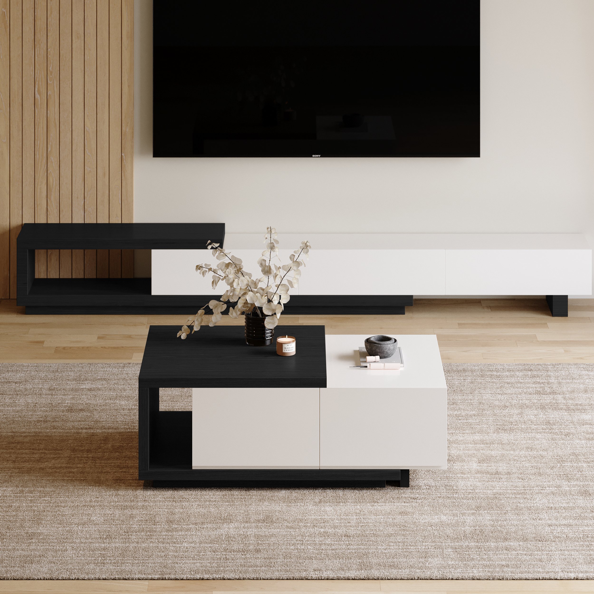 HMR Quoint Extendable Coffee Table with 2 Drawers (47"-69") - White & Black