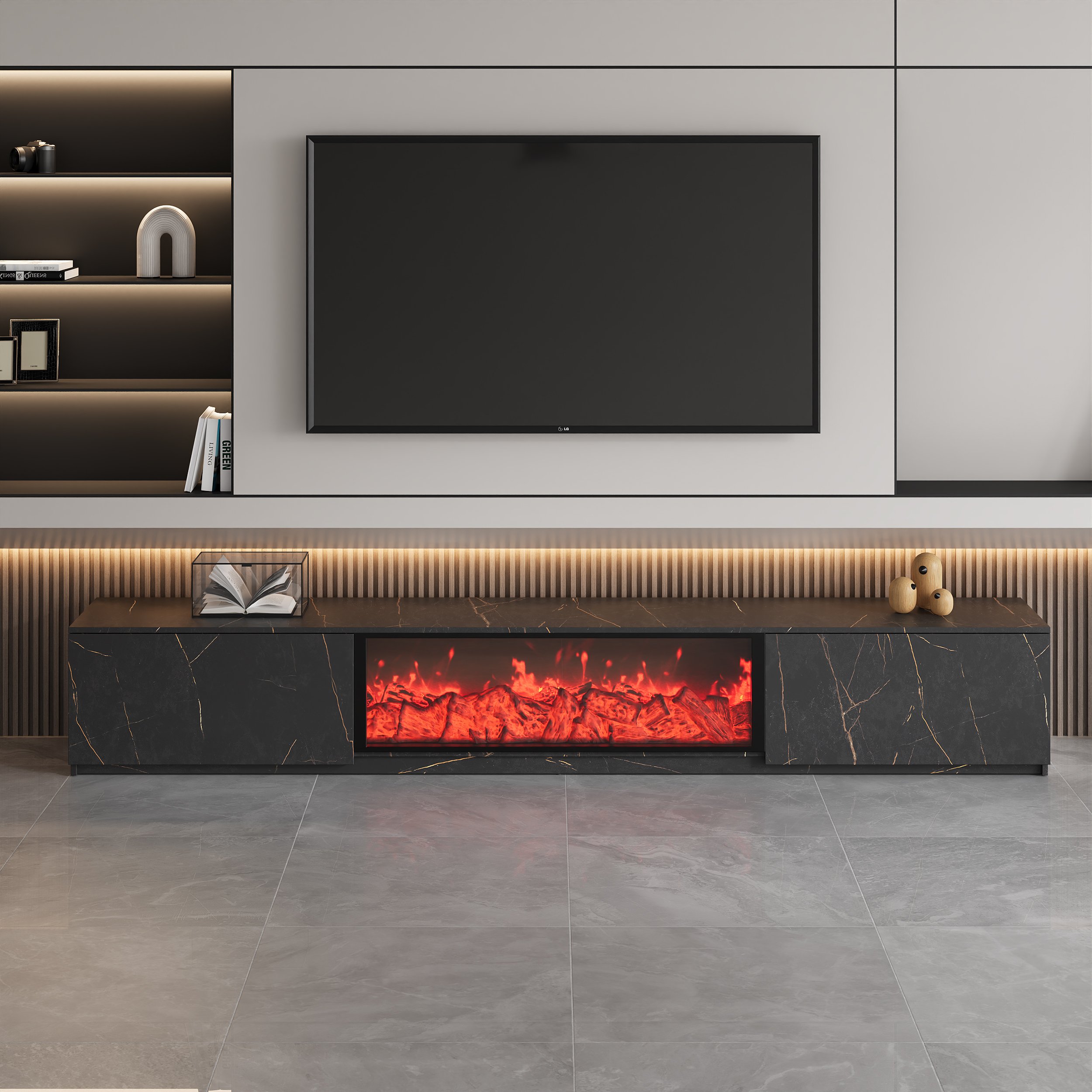 HMR Electric Fireplace TV Stand with 2 Drawers - Black, MDF, 70.9"W×15.4"D×15.4"H