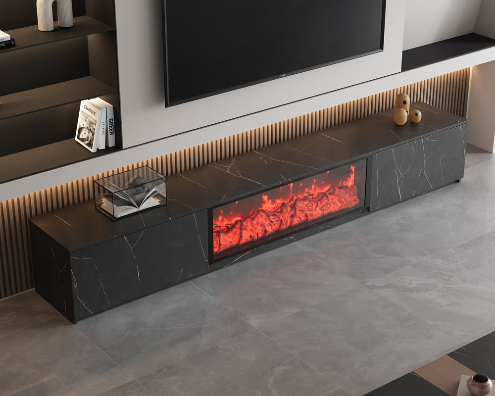 HMR Electric Fireplace TV Stand with 2 Drawers - Black, MDF, 70.9"W×15.4"D×15.4"H
