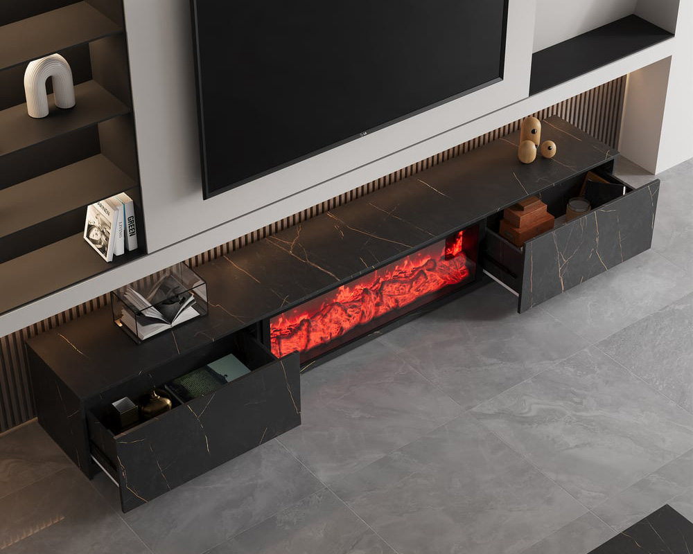 HMR Electric Fireplace TV Stand with 2 Drawers - Black, MDF, 70.9"W×15.4"D×15.4"H