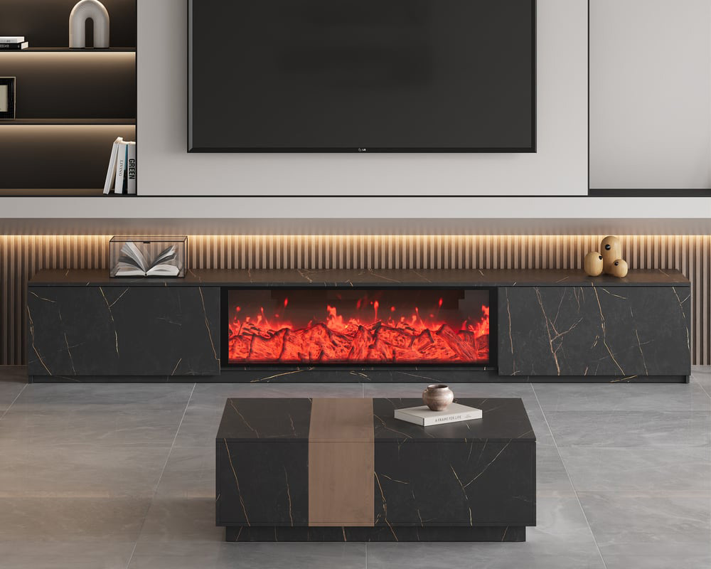 HMR Electric Fireplace TV Stand with 2 Drawers - Black, MDF, 70.9"W×15.4"D×15.4"H