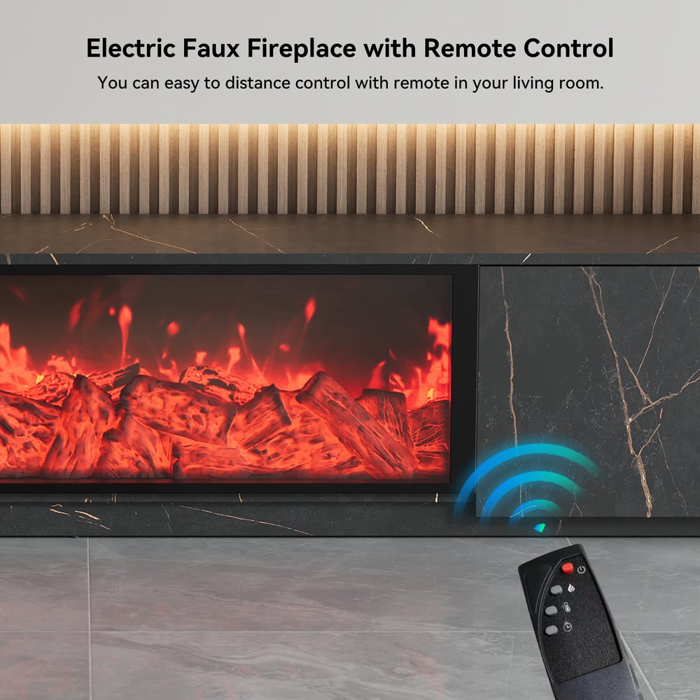 HMR Electric Fireplace TV Stand with 2 Drawers - Black, MDF, 70.9"W×15.4"D×15.4"H