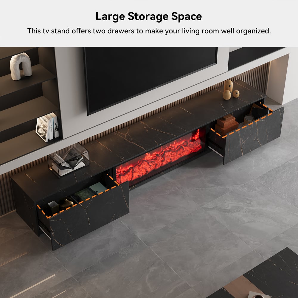 HMR Electric Fireplace TV Stand with 2 Drawers - Black, MDF, 70.9"W×15.4"D×15.4"H