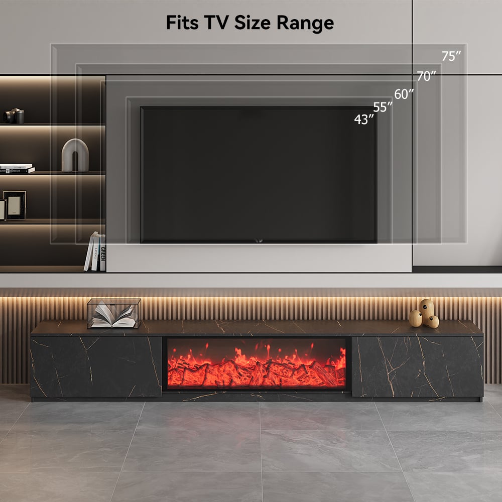 HMR Electric Fireplace TV Stand with 2 Drawers - Black, MDF, 70.9"W×15.4"D×15.4"H