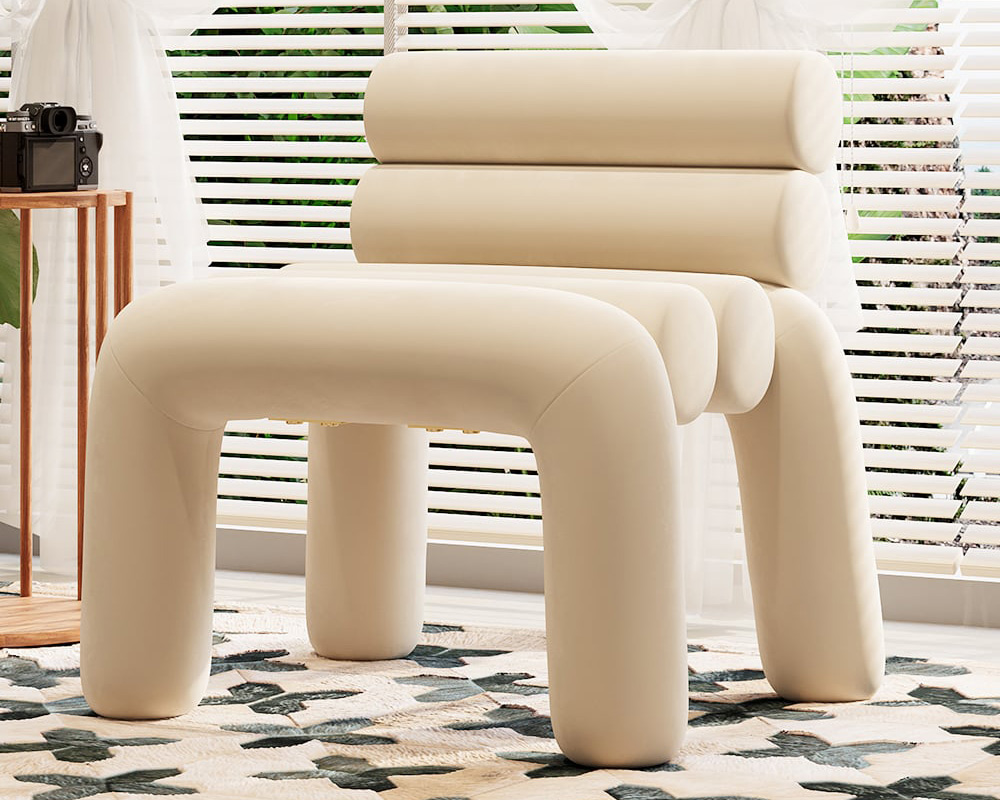 HMR Modern Velvet Accent Chair Upholstery Horizontal Channeled for Living Room - Beige
