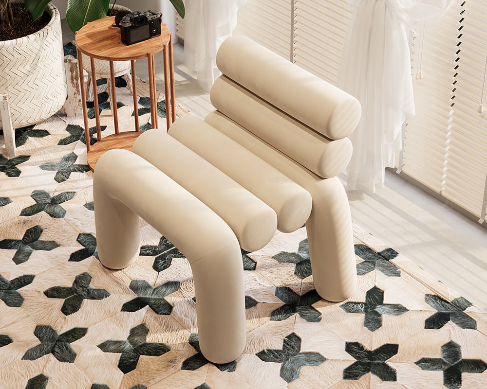 HMR Modern Velvet Accent Chair Upholstery Horizontal Channeled for Living Room - Beige